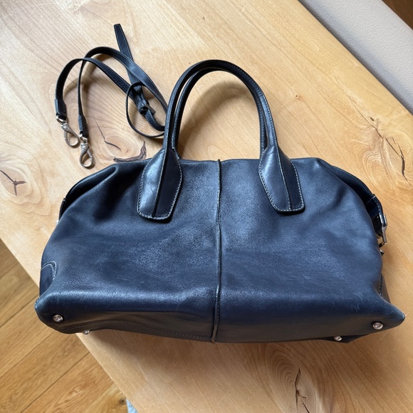 TODS D-STYLING 2WAY HANDBAG BLUE LEATHER TOTE CROSSBODY STRAP DBL ROLLED HANDLES - Picture 2 of 11